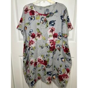 I Love Linen Made in Italy Floral Shift Dress Blue Multicolor 100%‎ Linen OSFM